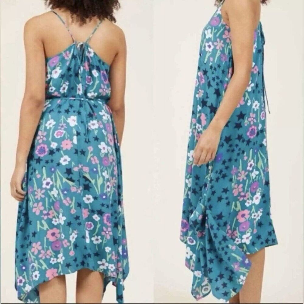 ModCloth Floral Midi Dress Small Teal Multicolor Stars Asymmetric Hem Fairy Y2K - Picture 4 of 15